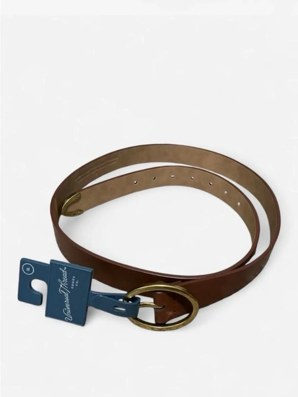 Classic Brown Leather Belt with Brass Ring Buckle Universal Thread Women’s XL